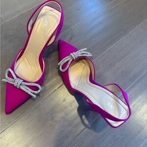 Zara Pink Satin Slingbacks with Silver Bow Detail EUC